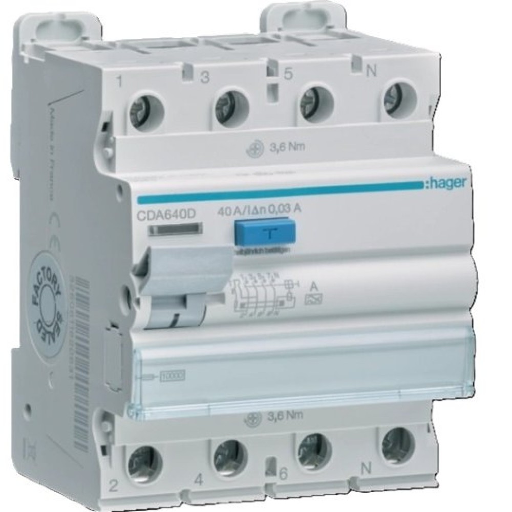 Intrerupator diferential RCCB Hager CDA640D, 4P 40A/30mA, 10kA, tip A
