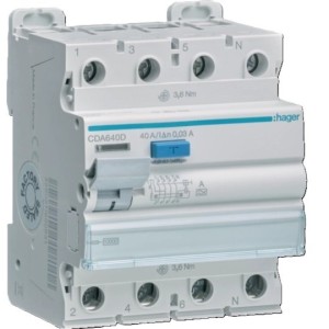 Intrerupator diferential RCCB Hager CDA640D, 4P 40A/30mA, 10kA, tip A
