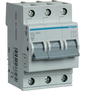  Siguranta automata 3P, 16A, 6kA, C, Hager MC316A