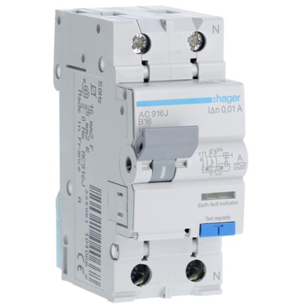 Siguranta automata diferențiala P+N 16A/10mA, Curba B 6kA, tip A Hager - AC916J