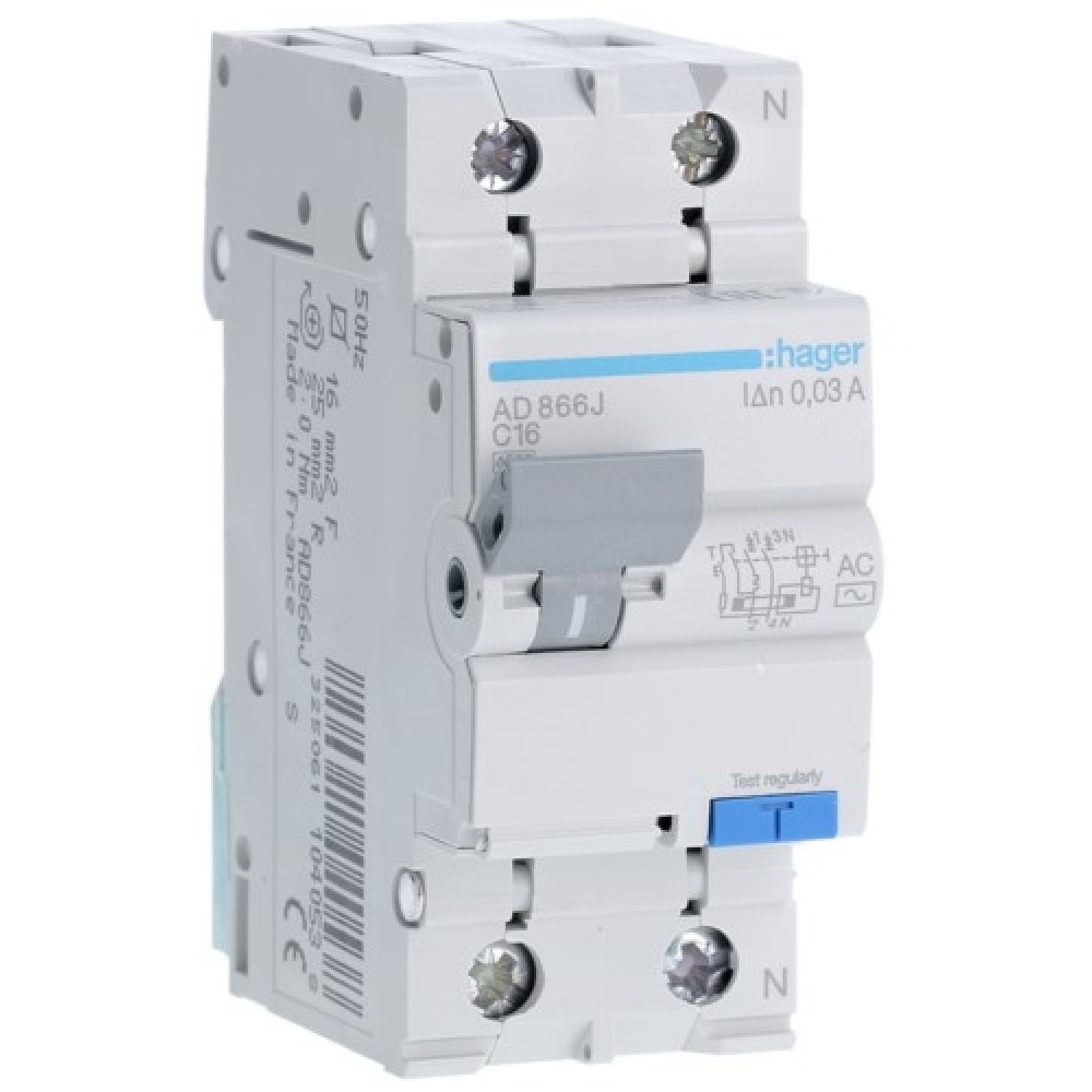 Siguranta automata diferențiala P+N 16A/30mA, Curba C, 4,5kA, tip AC