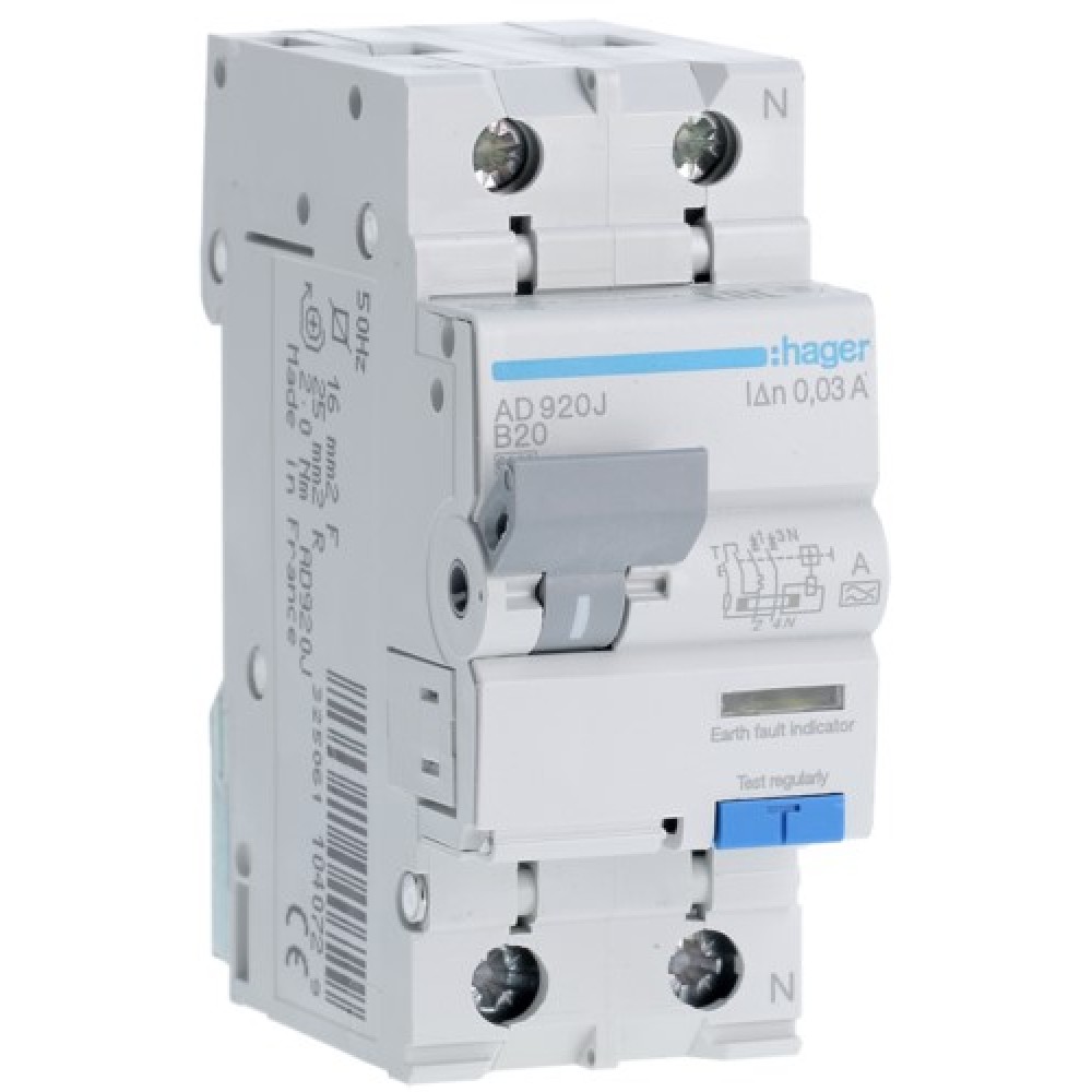 Siguranta automata diferențiala P+N 20A/30mA, Curba B, 6kA, tip A Hager - AD920J