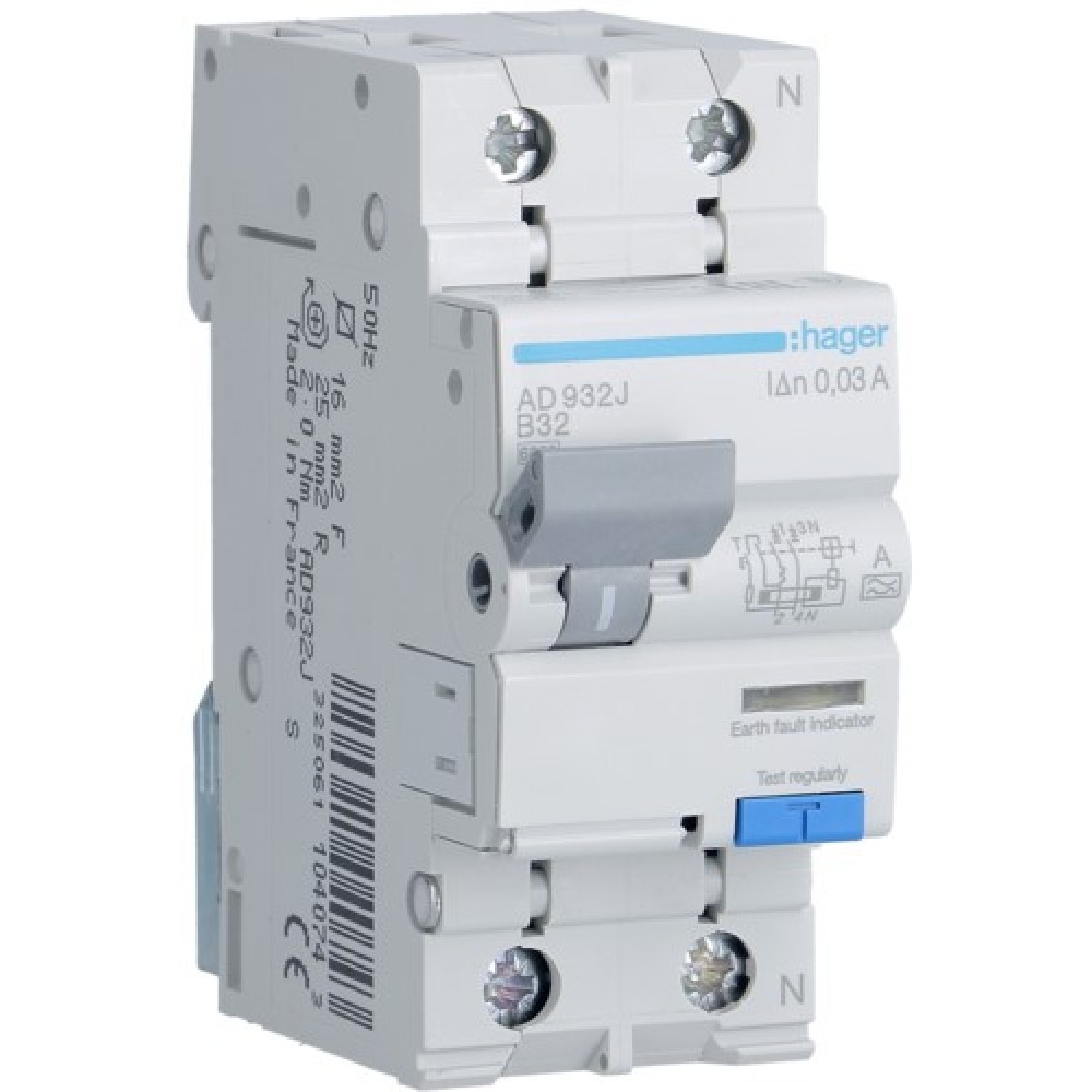 Siguranta automata diferențiala P+N 32A/30mA, Curba B, 6kA, tip A Hager - AD932J