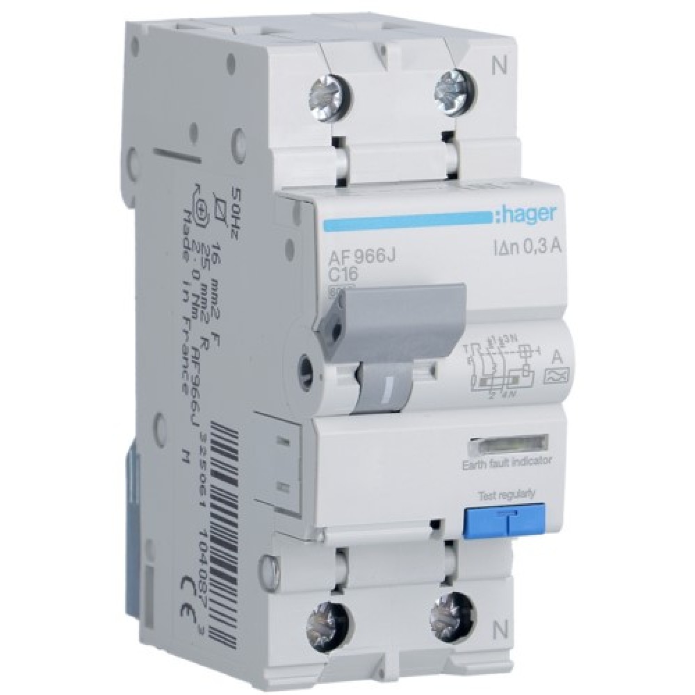 Siguranta automata diferentiala P+N 16A/300mA, Curba C, 6kA, tip A Hager - AF966J