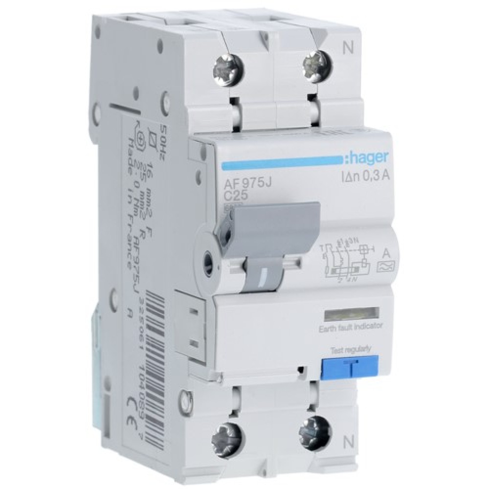 Siguranta automata diferențiala P+N 25A/300mA, Curba C, 6kA, tip A Hager - AF975J