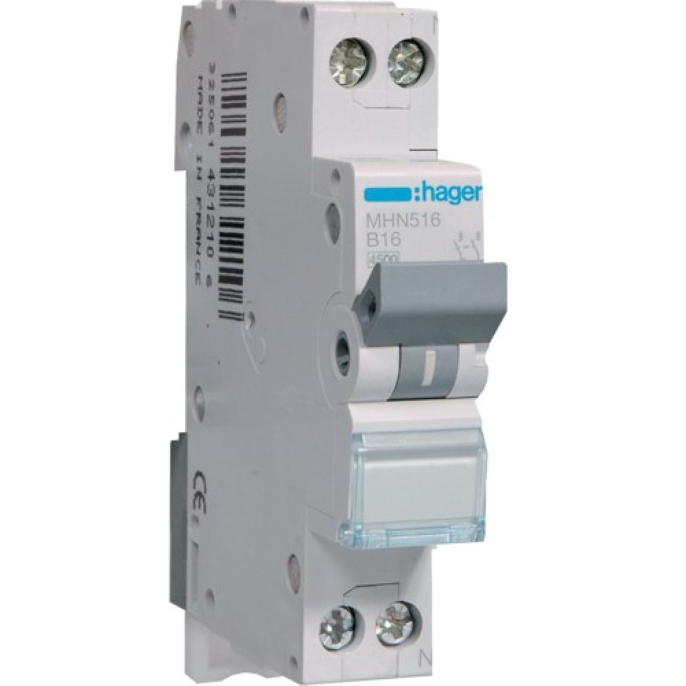 Siguranta automata 1P+N, 16A, 4,5kA, Curba B, 1M Hager - MHN516