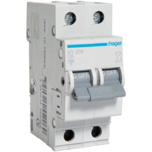 Siguranta automata 2P, 6A, 4,5kA, Curba C, 2M Hager - MY206