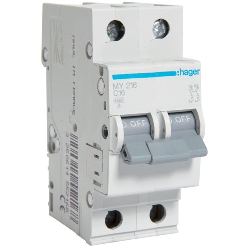 Siguranta automata 2P, 16A, 4,5kA, Curba C, 2M Hager - MY216
