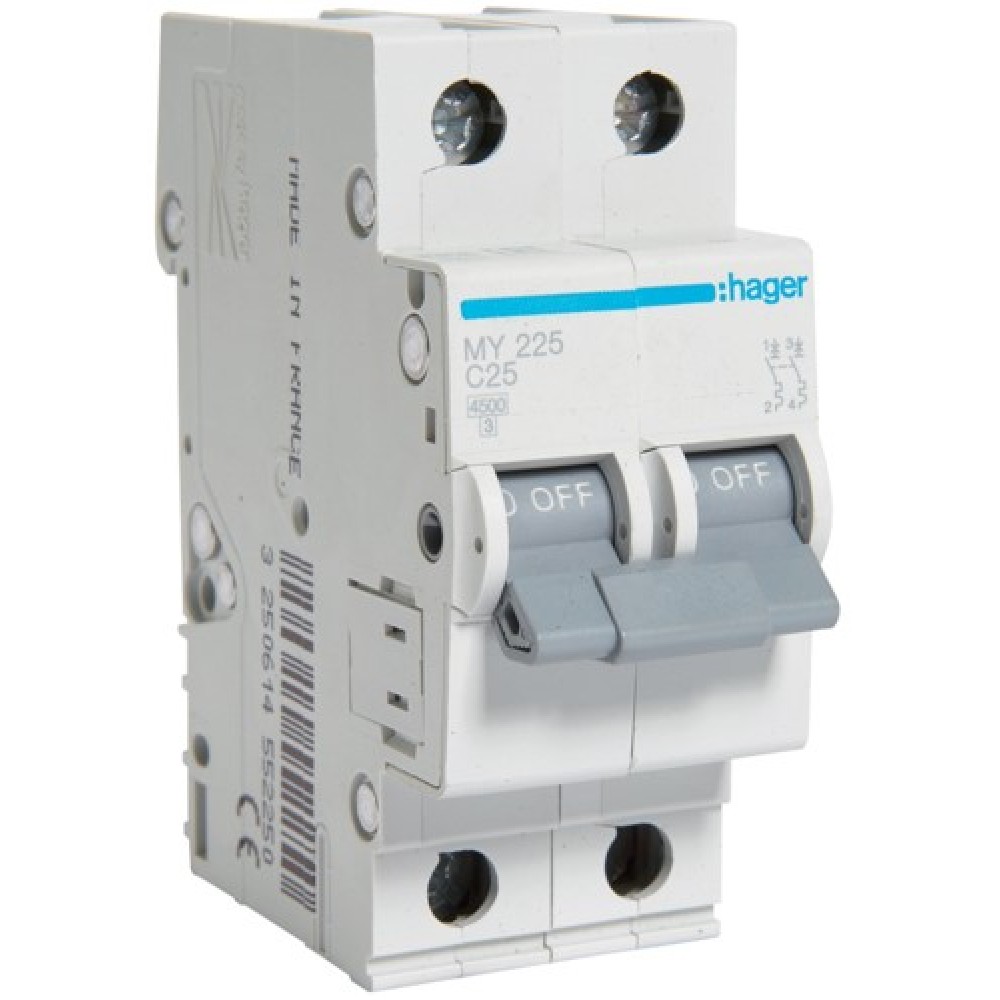 Siguranta automata 2P, 25A, 4,5kA, Curba C, 2M Hager - MY225