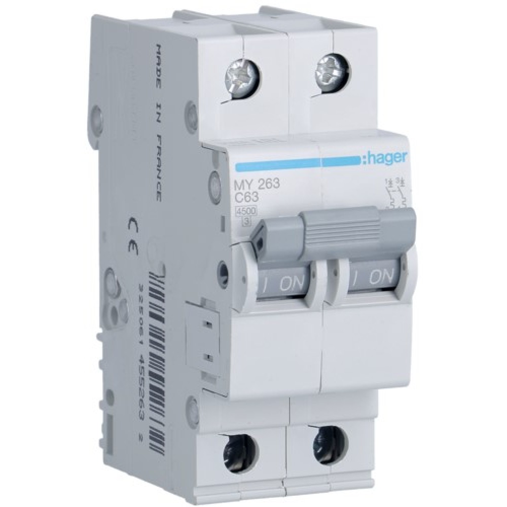 Siguranta automata 2P, 63A, 4,5kA, Curba C, 2M Hager - MY263