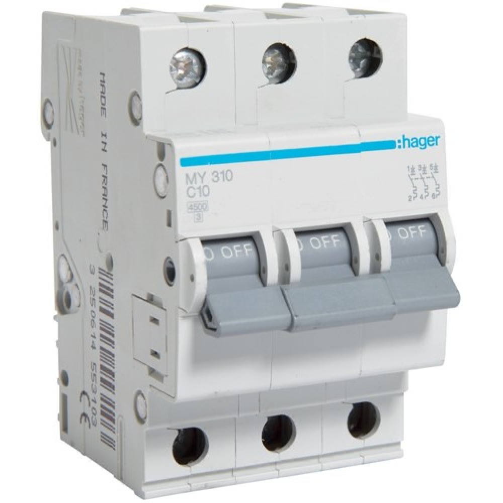Siguranta automata 3P, 10A, 4,5kA, Curba C, 3M Hager - MY310