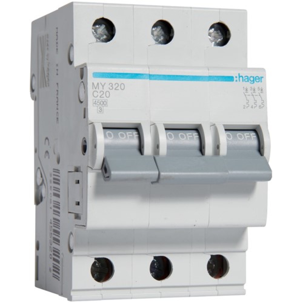 Siguranta automata 3P, 20A, 4,5kA, Curba C, 3M Hager - MY320