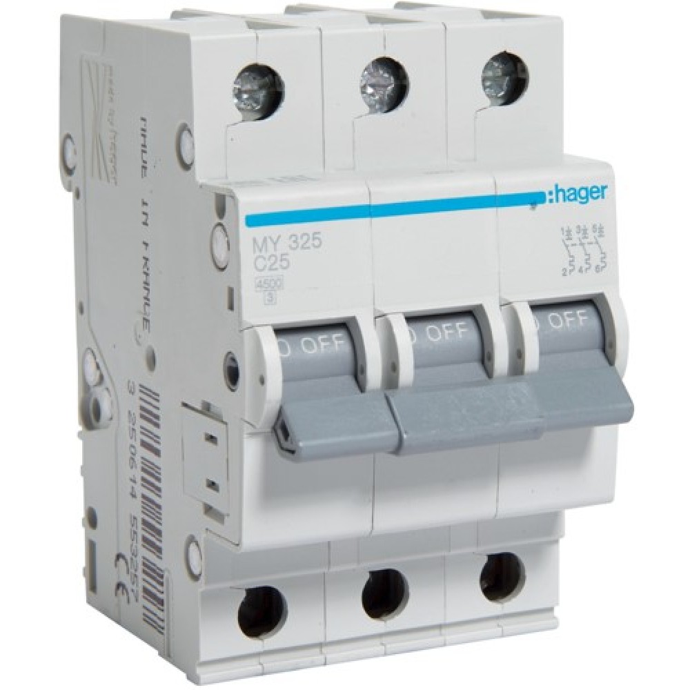 Siguranta automata 3P, 25A, 4,5kA, Curba C, 3M Hager - MY325