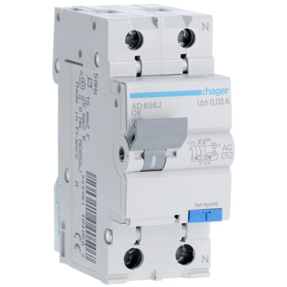 Siguranta automata diferențiala P+N 6A/30mA, Curba C, 4,5kA, tip AC Hager - AD856J