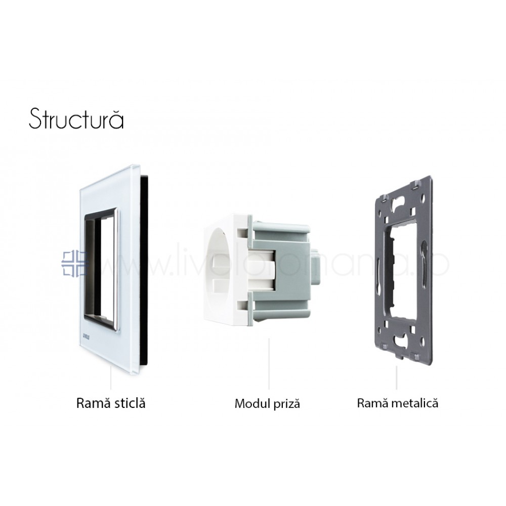 Priza simpla Livolo cu rama din sticla alb, rezistenta la zgarieturi, umezeala, praf