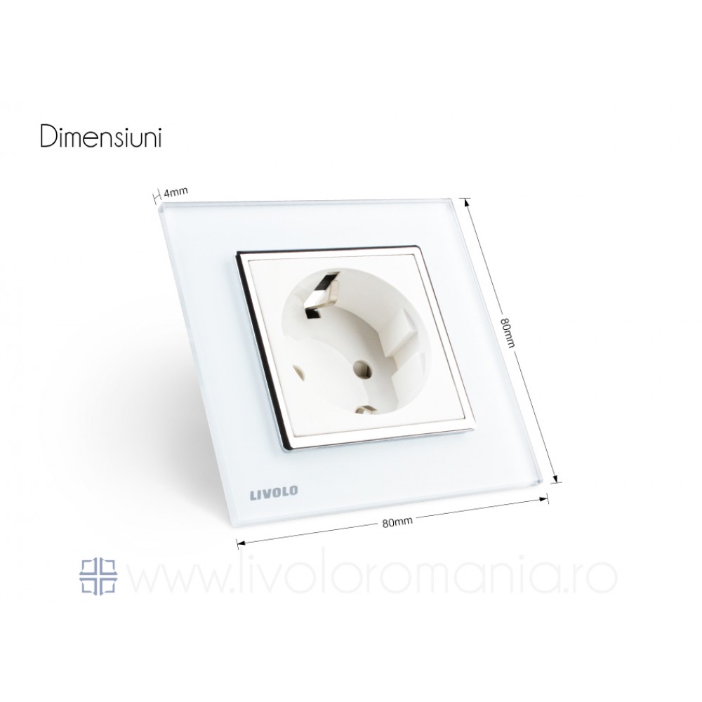Priza simpla Livolo cu rama din sticla alb, rezistenta la zgarieturi, umezeala, praf