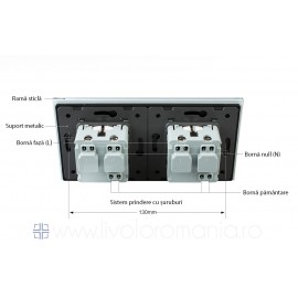 Priza dubla Livolo cu rama din sticla, alba, termorezistenta, cu 2 prize electrice de perete