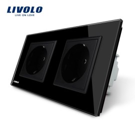 Priza dubla Livolo cu rama din sticla, neagra, termorezistenta, cu 2 prize electrice de perete