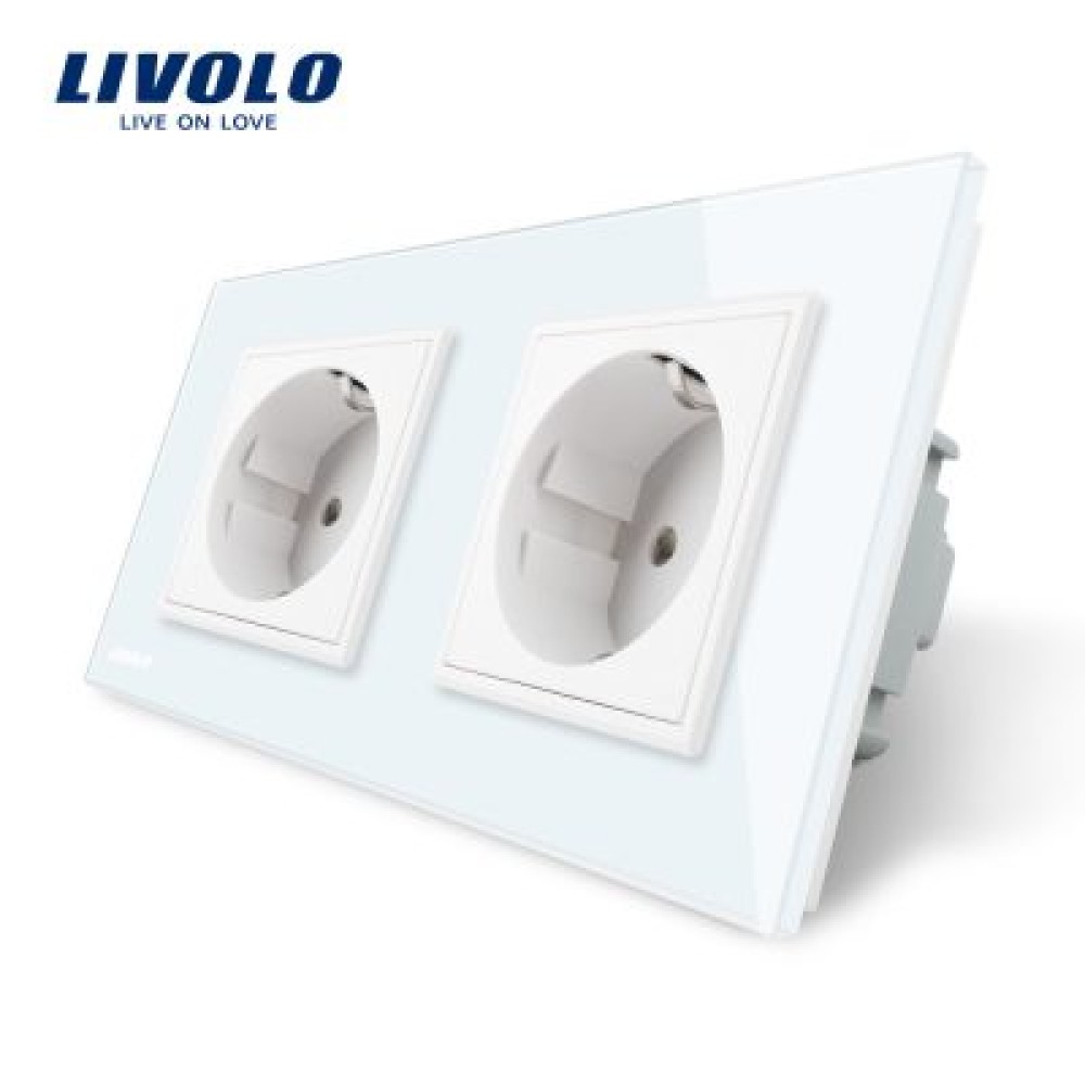 Priza dubla Livolo cu rama din sticla, alba, termorezistenta, cu 2 prize electrice de perete