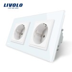 Priza dubla Livolo cu rama din sticla, alba, termorezistenta, cu 2 prize electrice de perete