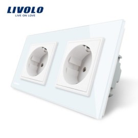 Priza dubla Livolo cu rama din sticla, alba, termorezistenta, cu 2 prize electrice de perete