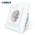 Priza simpla Livolo cu rama din sticla alb, rezistenta la zgarieturi, umezeala, praf