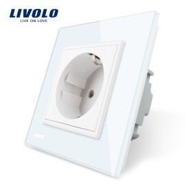 Priza simpla Livolo cu rama din sticla alb, rezistenta la zgarieturi, umezeala, praf